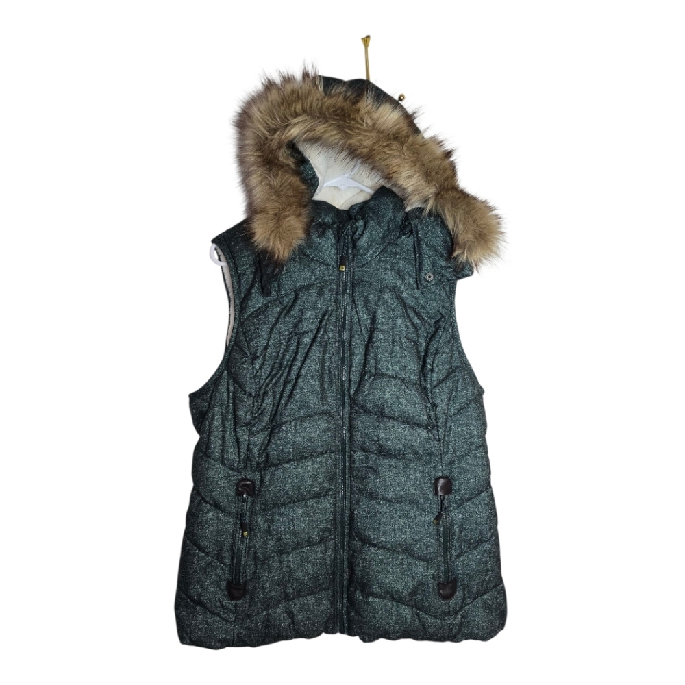 Green Tea plush Sherpa lined green Tweed Fur Hooded vest sz L